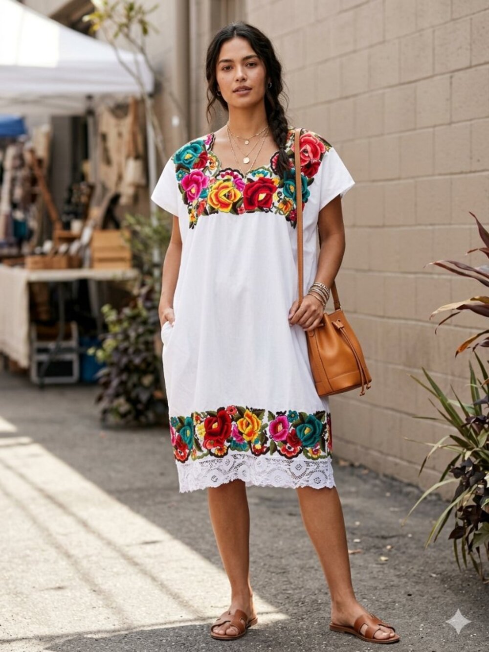 VTG Mexican Floral Embroidered Cinco De Mayo Midi Dress White Lace Hem Boho XL